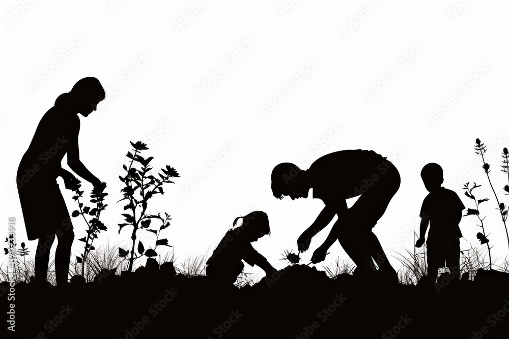 Serene silhouette of family planting in minimalist garden setting Serene silhouette of family planting in minimalist garden setting