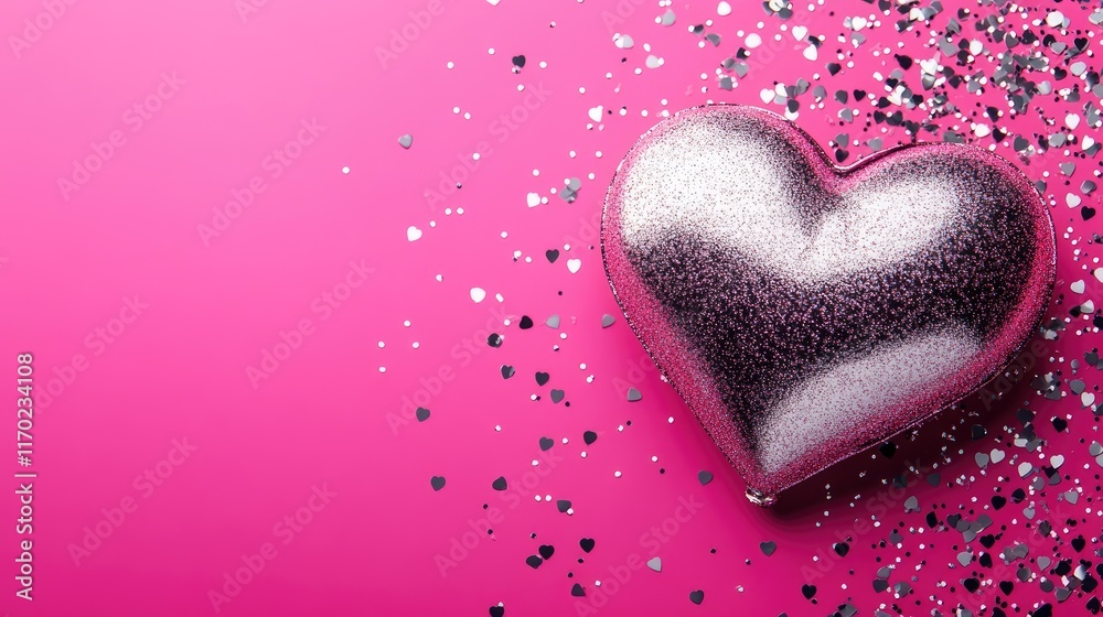Fototapeta premium A vibrant magenta pink background with a 3D metallic heart and silver confetti, perfect for creating love-themed Valentine's Day banners, flyers, and romantic celebrations with copy space.