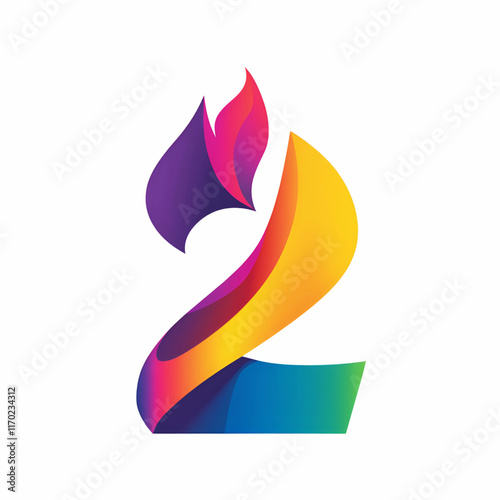 Modern abstract logo with number 2, bold gradients and ribbon effect on clean white background 
