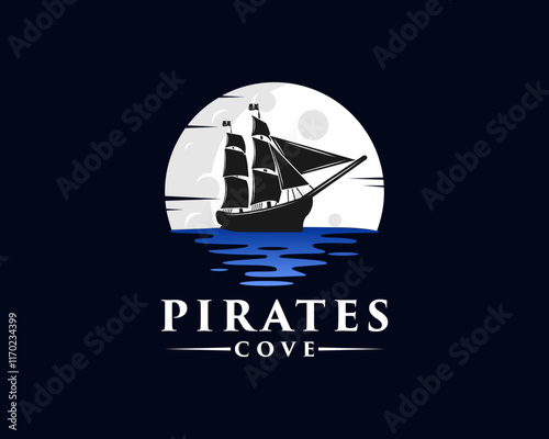 Pirate ship moon silhouette logo