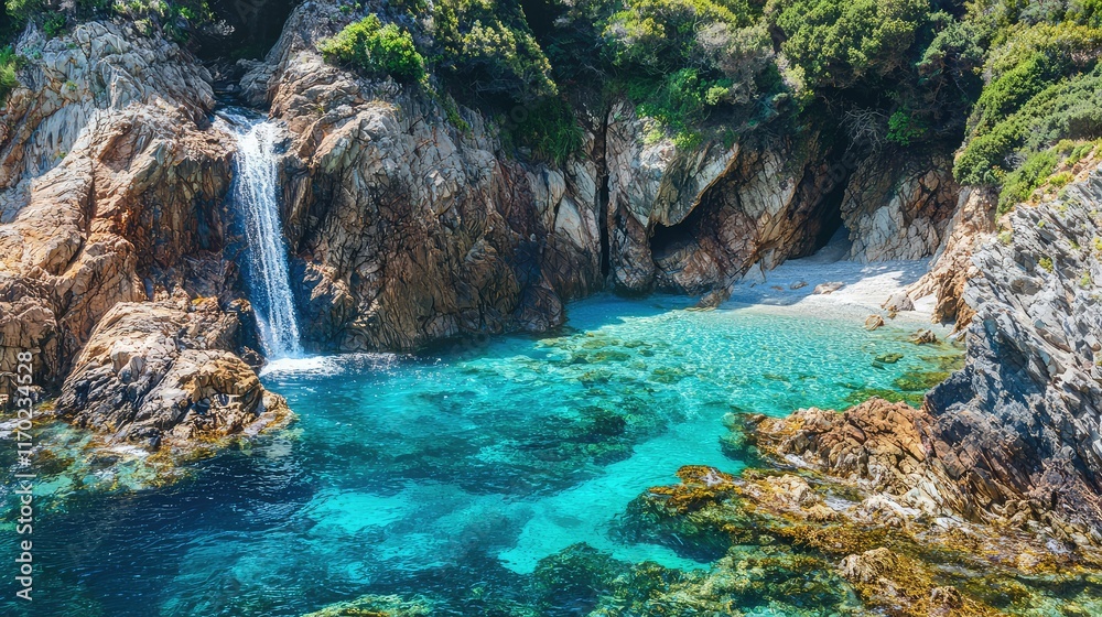Serene Coastal Scene with Waterfall and Crystal Clear Waters Serene Coastal Scene with Waterfall and Crystal Clear Waters