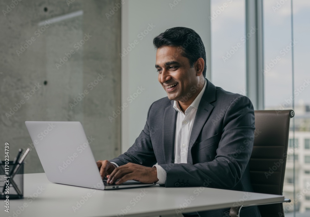 A happy businessman watching a webinar or attending a virtual meeting on his laptop
A happy businessman watching a webinar or attending a virtual meeting on his laptop