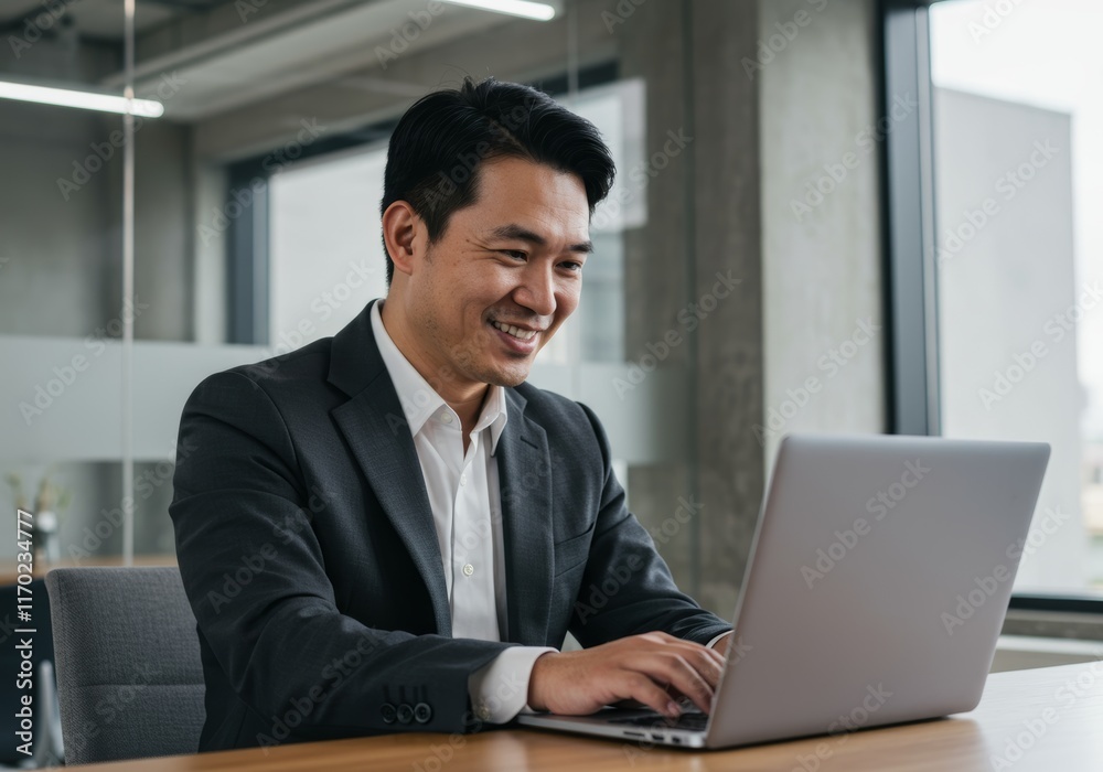 A happy businessman watching a webinar or attending a virtual meeting on his laptop
A happy businessman watching a webinar or attending a virtual meeting on his laptop