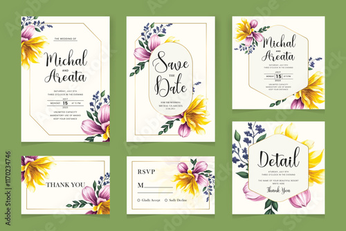 set for wedding invitations. White roses, polygonal gold frame, eucalyptus. Invitation card, thank you, rsvp, menu Vector illustration