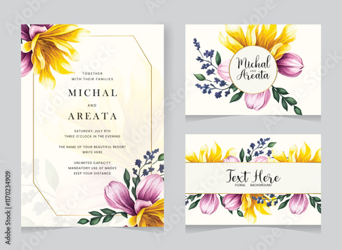 set for wedding invitations. White roses, polygonal gold frame, eucalyptus. Invitation card, thank you, rsvp, menu Vector illustration
