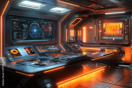 Fototapeta Naklejka Na Ścianę i Meble -  Futuristic spaceship control room interior with glowing panels and screens.
