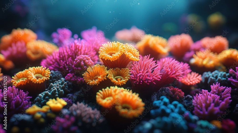 Fototapeta premium Vibrant coral reef with diverse colorful polyps undersea.