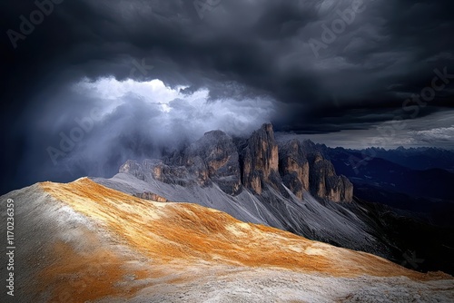 Stormy View of Sassolungo and Sella Group from Serauta, Dolomites, Italy photo