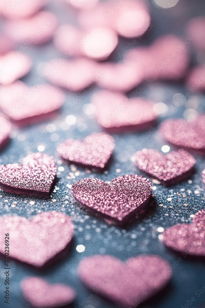 Obraz premium Glittering heart confetti scattered on a smooth surface