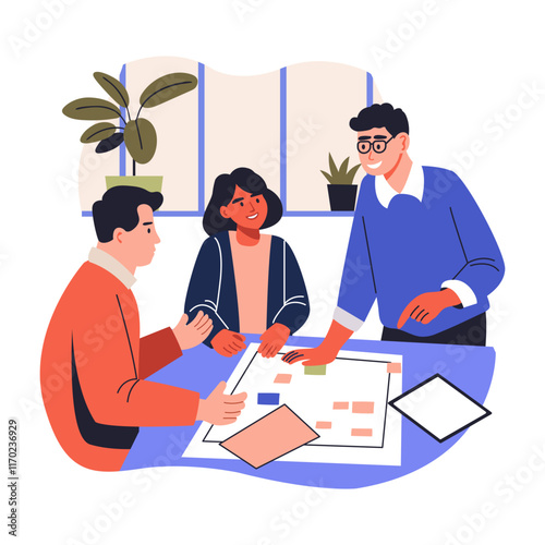 A flat illustration depicting collaborative session 

