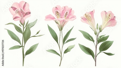 Beautiful pink alstroemeria flowers with soft green leaves on a clean white background, perfect for wellness, spring celebrations, and luxury event designs.