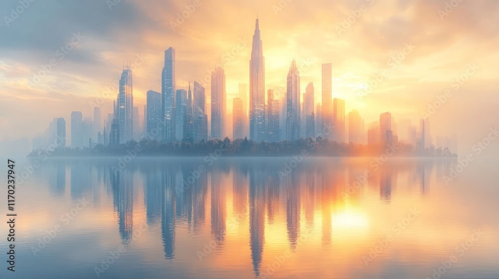 Fototapeta premium Sunrise over misty city skyline reflected in calm water.