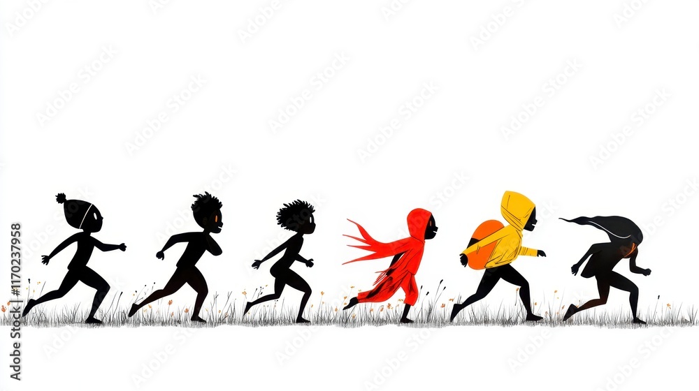 A colorful journey of children running together, showcasing diversity and playfulness in a natural setting A colorful journey of children running together, showcasing diversity and playfulness in a natural setting
