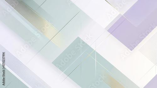 Fototapeta Naklejka Na Ścianę i Meble -  A stock image featuring geometric shapes in a dynamic pattern, utilizing soft lavender and pastel green gradients, with subtle metallic gold highlights