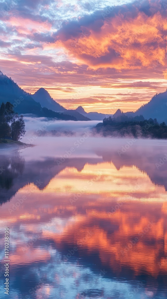 Fototapeta premium Serene Sunset Over Foggy Lake with Mystic Mountains in Distance