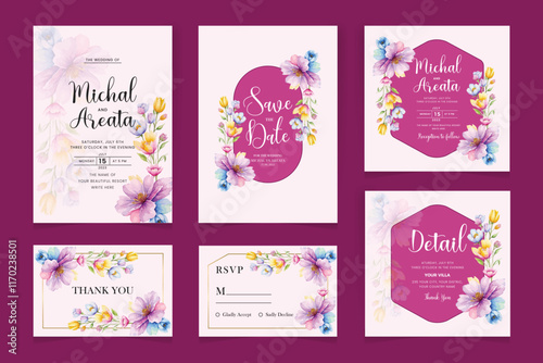 Set of wedding invitation card template with greenery vector watercolor floral and leaves decoration