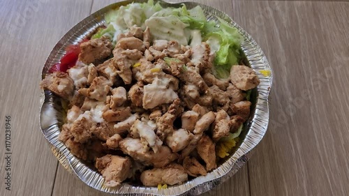 A bowl of chicken over rice ready to eat