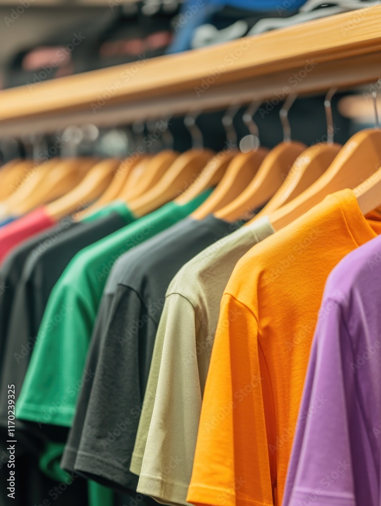 Fototapeta premium Shirts in variety of colors arranged neatly on a rack.