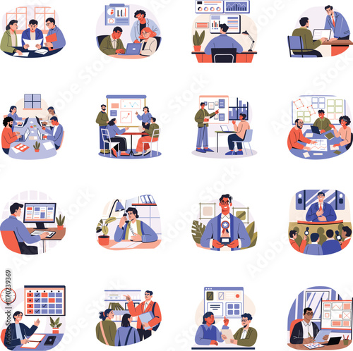 Office Work and Team Collaboration Flat Illustrations


