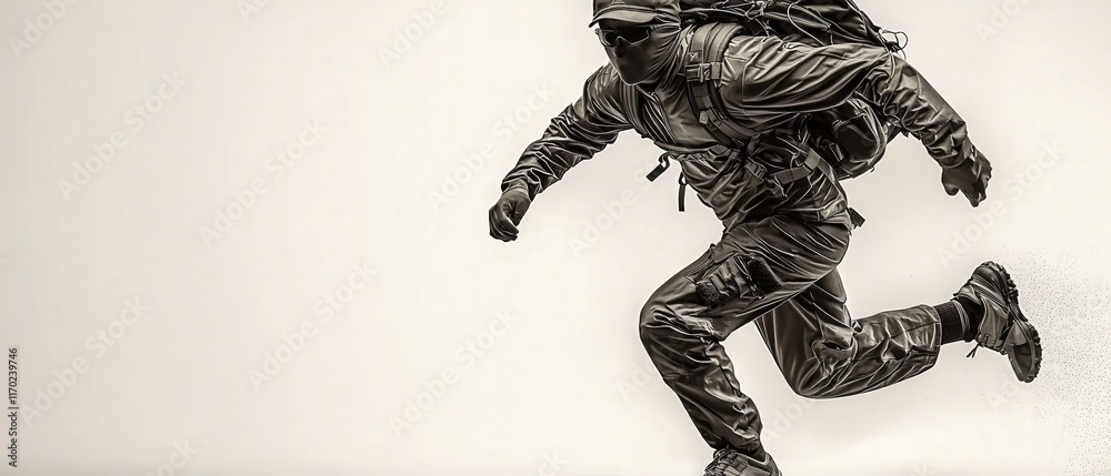 A dynamic figure in tactical gear runs with determination, emphasizing movement and readiness against a neutral background. A dynamic figure in tactical gear runs with determination, emphasizing movement and readiness against a neutral background.