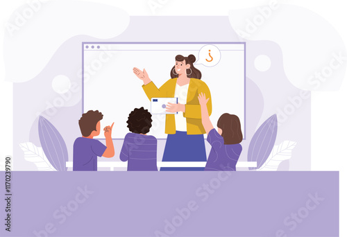 An engaging classroom learning illustration featuring a school teacher actively interacting with students, using visual aids like a whiteboard