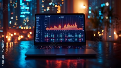 Laptop Displaying Stock Market Data At Night