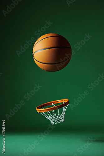 A basketball bouncing on its own, spinning a tiny hoop like a hat photo