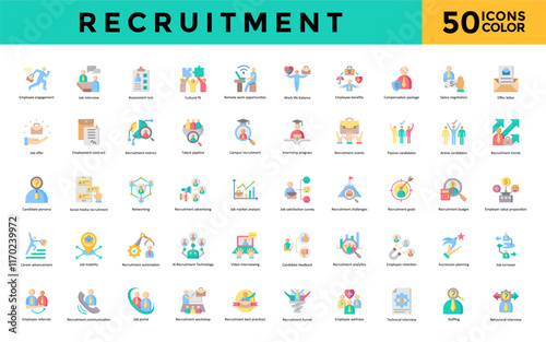 Recruitment icon set with employee engagement, job interview, assessment test, cultural fit, remote work opportunities, work life balance, employee benefits icon. Simple flat color vector 
