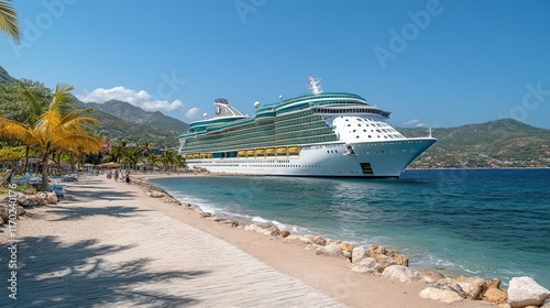 Cruise ship docked at a tropical beach with palm trees and clear blue water.