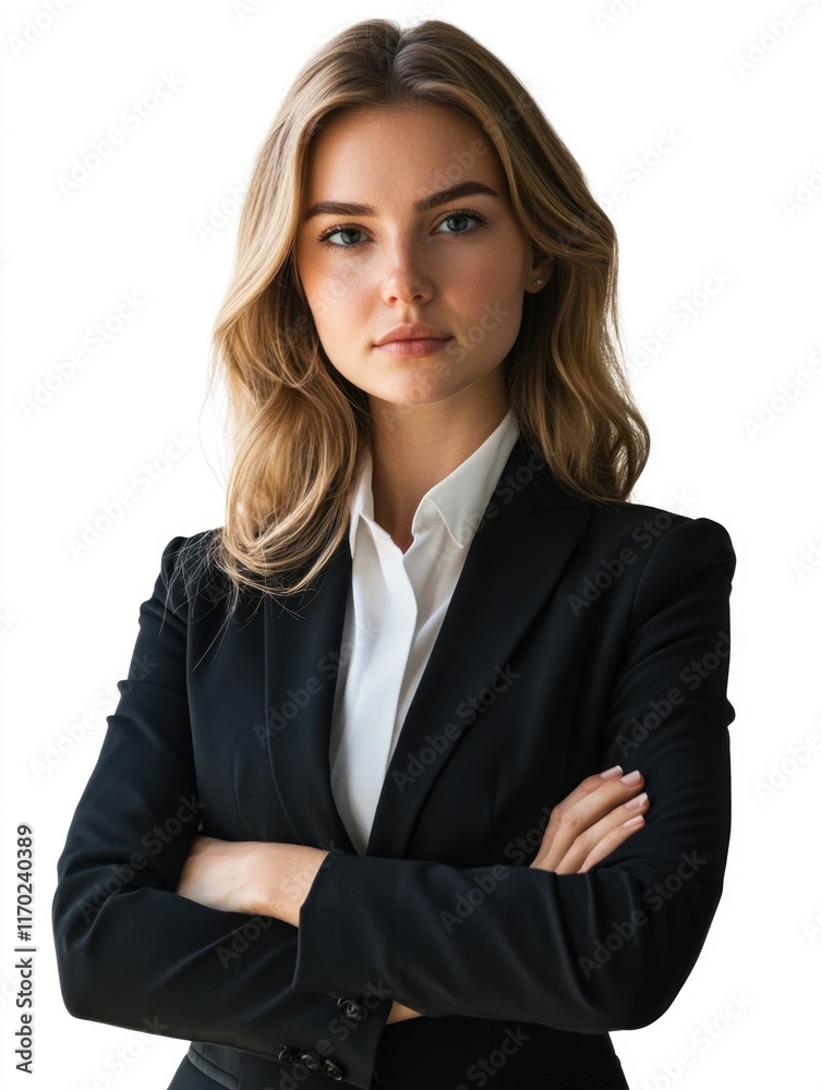 A confident young blonde woman in a smart, corporate outfit with her hands on her hips. She has a serious and professional expression. A confident young blonde woman in a smart, corporate outfit with her hands on her hips. She has a serious and professional expression.
