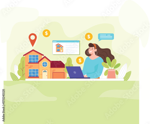 A sleek, modern illustration of a real estate broker showcasing property listings, with a digital interface displaying images and details of homes, and a professional agent presenting options.