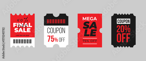 Set of discount coupon templates with sale text. Concept voucher for special offer, promotion, announcement, advertising, black friday. Red,black,white vector illustration