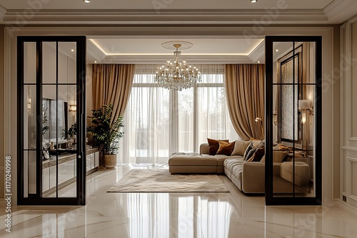 Luxurious living room with large windows, beige sectional sofa, and a stunning chandelier.