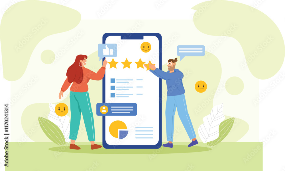 A vibrant illustration depicting the process of gathering feedback, with digital devices displaying ratings, reviews, and comment sections, highlighting customer engagement and the importance of revie A vibrant illustration depicting the process of gathering feedback, with digital devices displaying ratings, reviews, and comment sections, highlighting customer engagement and the importance of revie