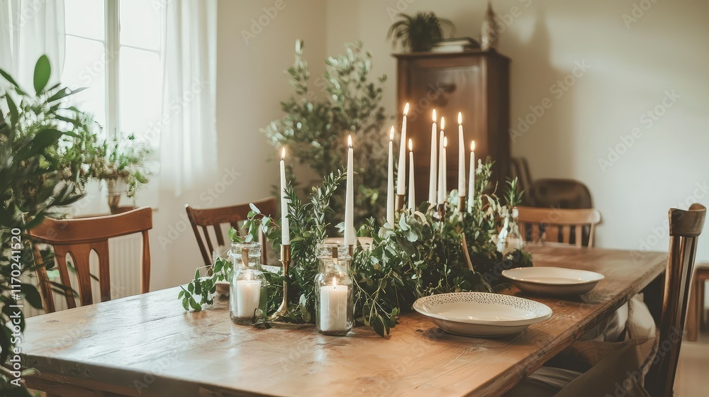Fototapeta premium Elegant Dining Table Setting with Candles and Greenery Decorations