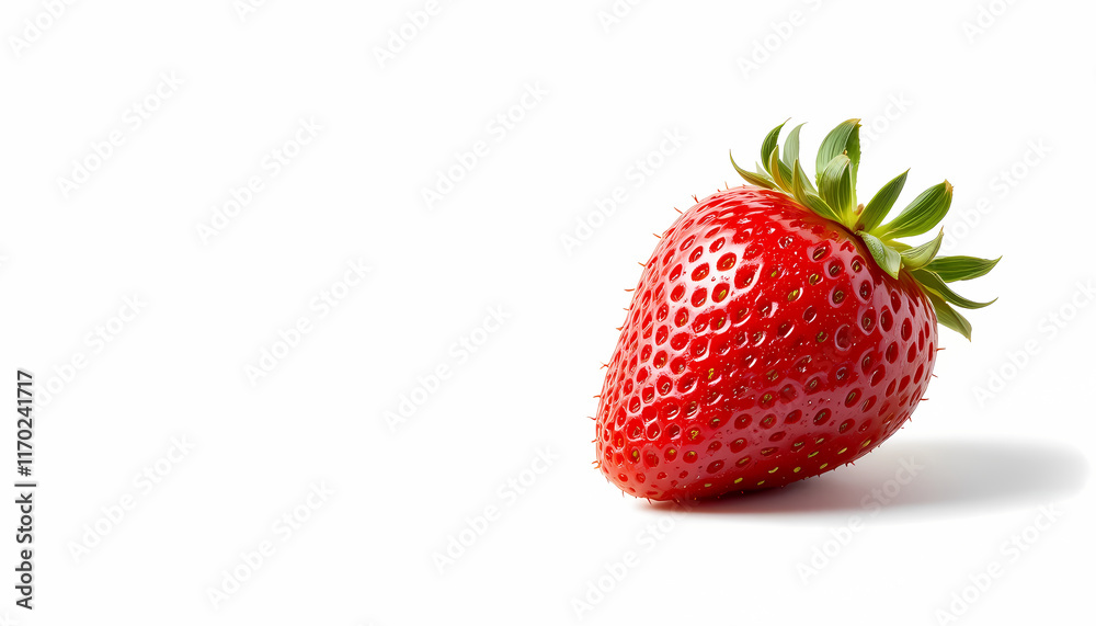 A single strawberry isolated against a pure white background, showcasing its vibrant red color, smooth surface, and dotted seeds, minimalistic, food photography, clean design, organic, healthy A single strawberry isolated against a pure white background, showcasing its vibrant red color, smooth surface, and dotted seeds, minimalistic, food photography, clean design, organic, healthy