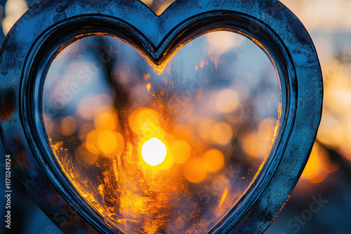 Heart-shaped mirror reflecting a glowing sunset photo