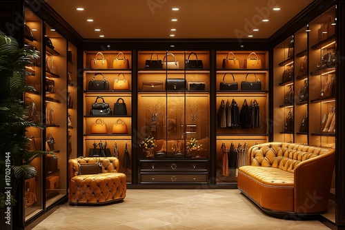 Luxury walk-in closet with leather furniture and extensive handbag collection.