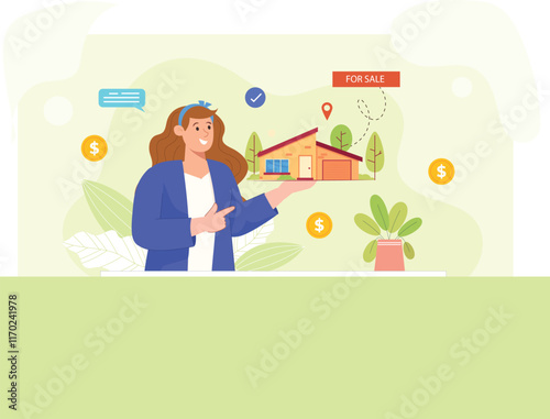 A sleek illustration showing a digital platform for buying and selling houses, with virtual home listings, search filters, and interactive elements like a "For Sale" sign and a "Contact Agent" button,
