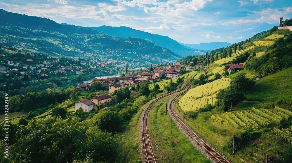 Fototapeta premium Scenic View of Train Tracks Curving Through Lush Green Hills