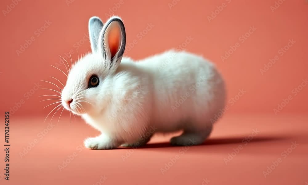 A cute white rabbit with pink ears against a soft coral background. A cute white rabbit with pink ears against a soft coral background.
