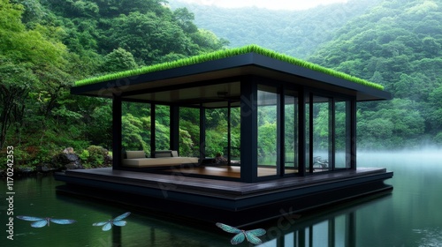 A serene lakeside retreat with a modern glass pavilion surrounded by lush greenery and tranquil waters featuring butterflies
