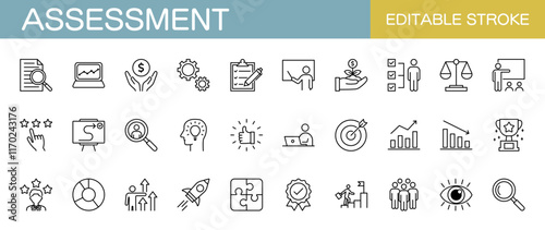Assessment  line icons set. Audit, analysis, plan, evaluation, quality process, result and goal. Editable stroke, vector illustration