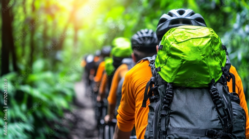 A group of adventurous mountain bikers traversing a lush forest trail, surrounded by vibrant greenery and sunlight streaming through the trees A group of adventurous mountain bikers traversing a lush forest trail, surrounded by vibrant greenery and sunlight streaming through the trees