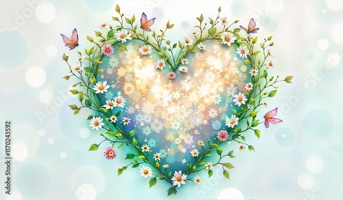 Floral heart with butterflies on soft bokeh background
