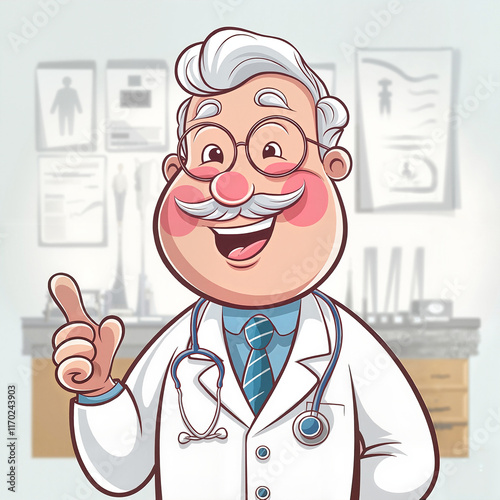 Cheerful cartoon doctor with stethoscope in medical office