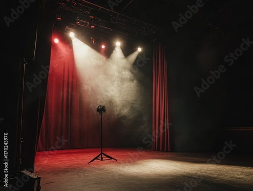 Empty stage with red lights and microphone on a stand, ready for performance.