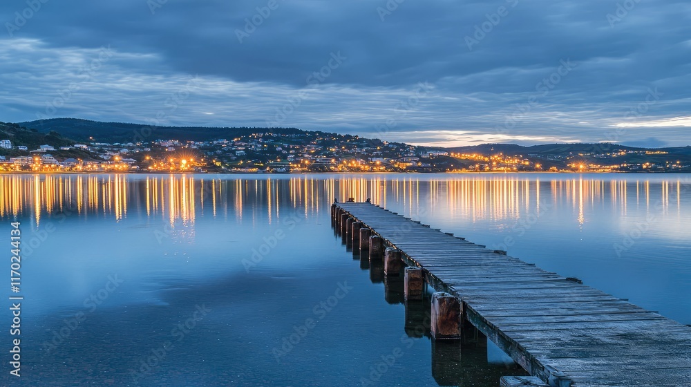 Fototapeta premium Serene Twilight Reflection Over Calm Water with Wooden Pier