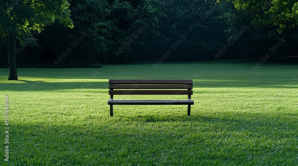 A solitary park bench in a lush green field bathed in soft sunlight, surrounded by serene trees and nature's tranquility A solitary park bench in a lush green field bathed in soft sunlight, surrounded by serene trees and nature's tranquility
