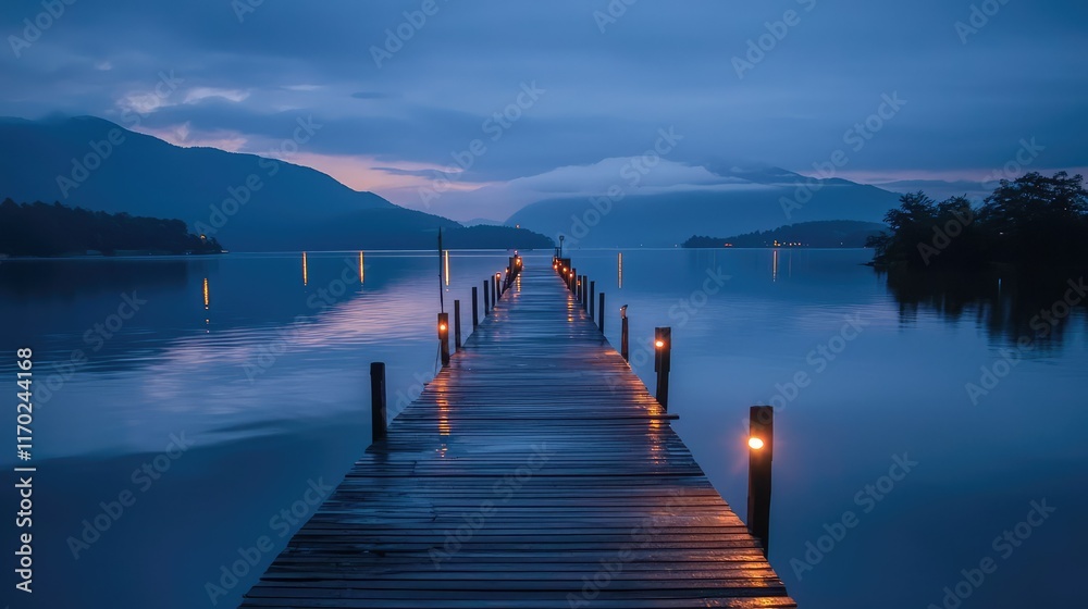 Serene Twilight on a Calm Lake with Scenic Pier and Mountains Serene Twilight on a Calm Lake with Scenic Pier and Mountains